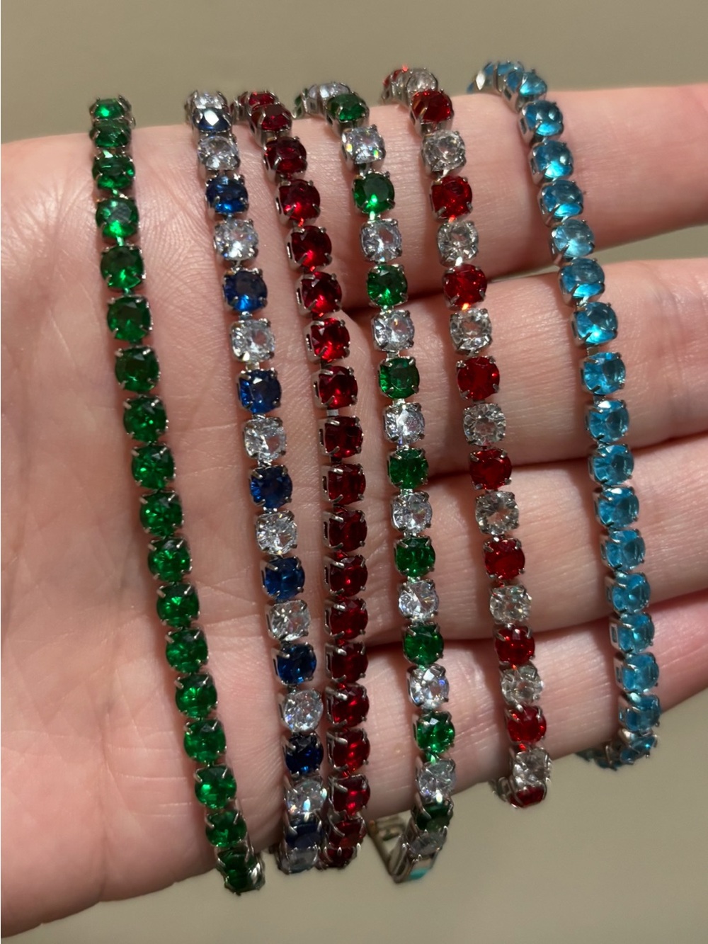 New Multi-Color Crystal Tennis Bracelet - Green, Blue, Red, Clear, Aqua